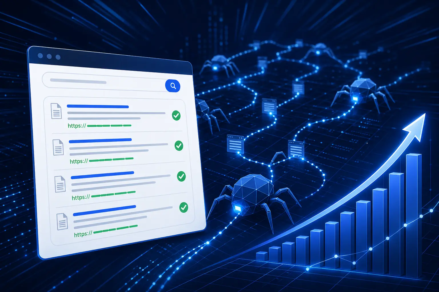 Best Google indexers in 2026 - web crawl bots indexing pages via a search results interface with rising graph